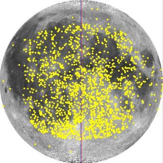 Plot of nearside locations of crater and feature depth-height measurements in this catalogue using LTVT